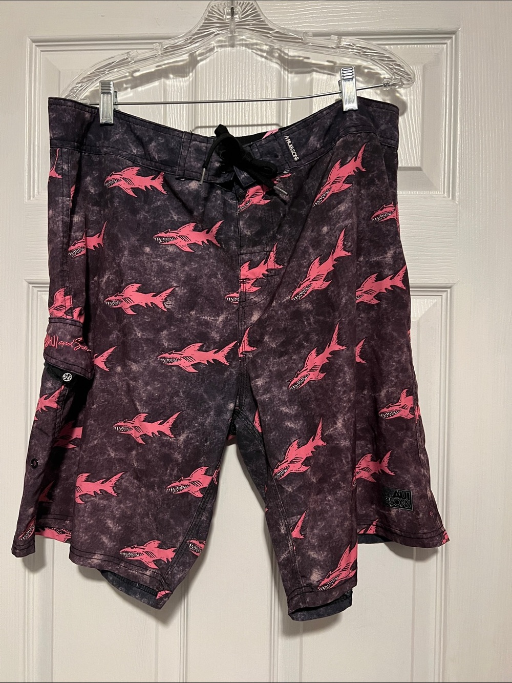 Maui and Sons Blackwashed Swim Trunks with Pink Shark Print